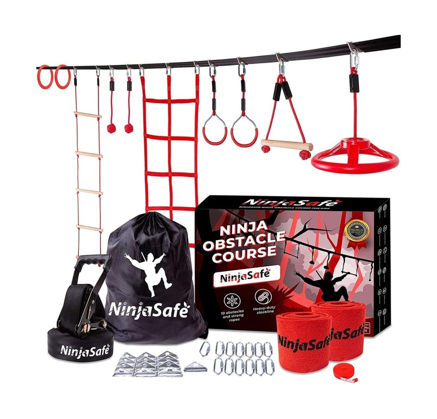 Ninja Obstacle Course for Kids Backyard - 10 Durable Obstacles and 50' Slackl...