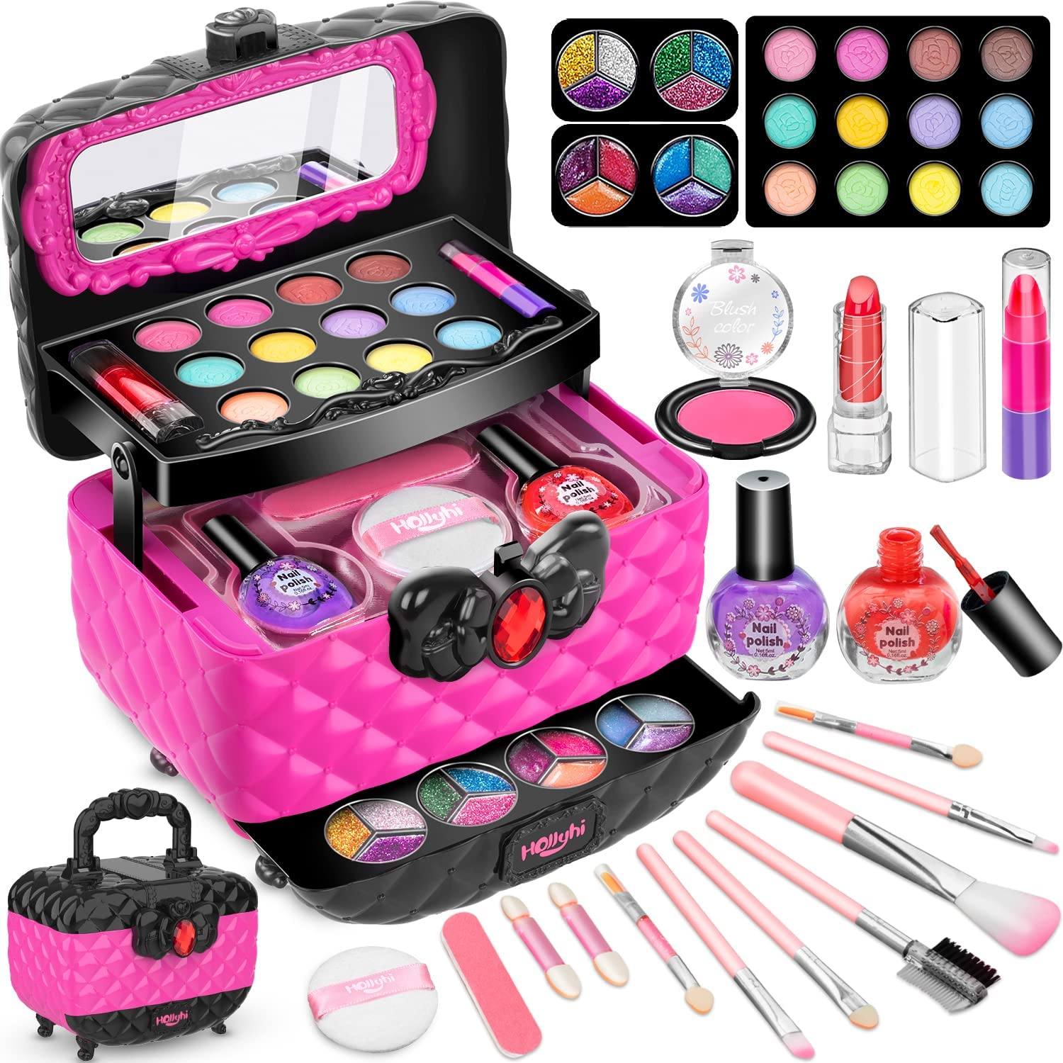 Hollyhi 41 Pcs Kids Makeup Toy Kit for Girls, Washable Makeup Set Toy with Real.