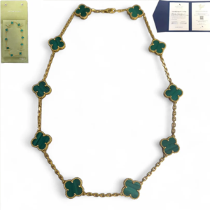 Van Cleef Arpels Malachite 10 Motif Vintage Alhambra 18k Gold Necklace 17" POUCH SKU: 500919
