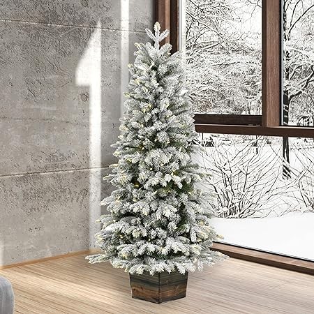 Vickerman 5' Frosted Wendell Slim Potted Pine Artificial Christmas Tree, Warm White Durable Glowing LED Light - Artificial Wendell Christmas Tree - Seasonal Indoor Home Decor